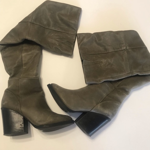 Aldo knee-high distressed leather boots size 6.5 block heel 3” Gray/ Light Green - Picture 1 of 8